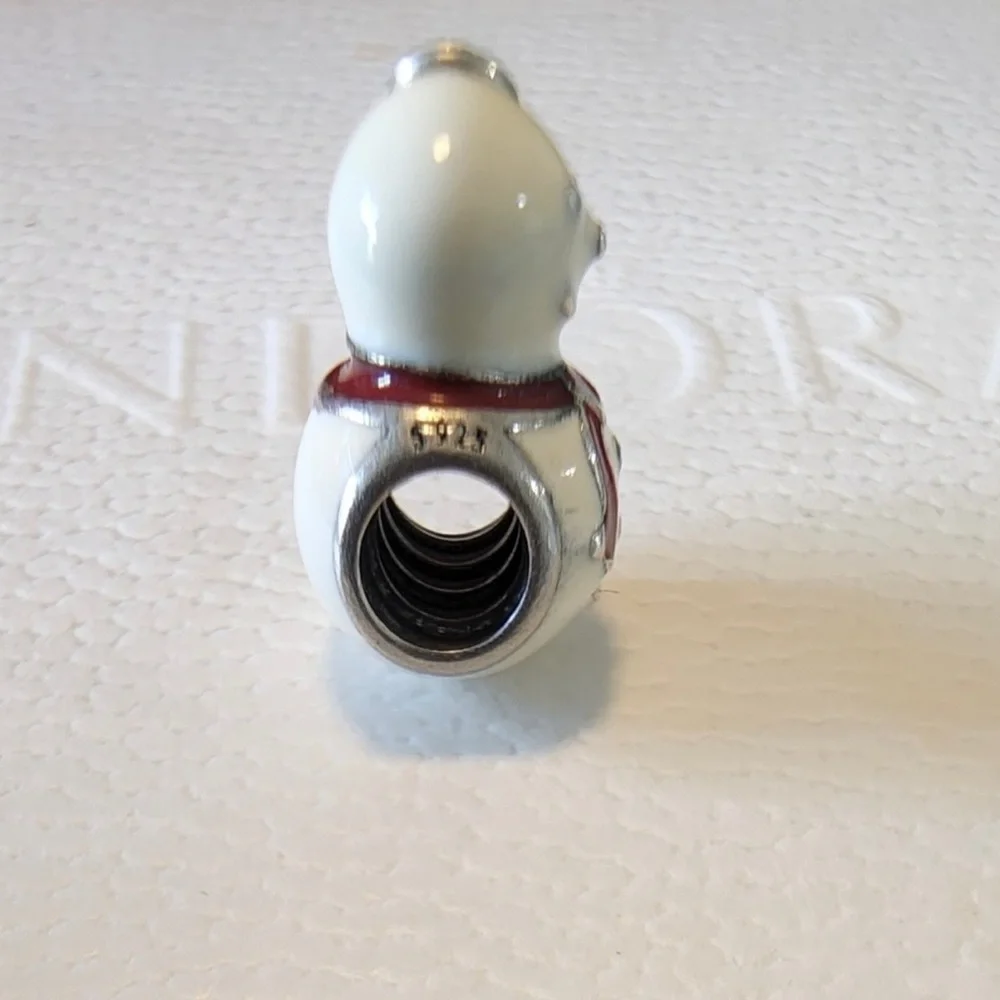 Pandora Retired Sterling Silver Happy Snowman Winter Bead White & Red Enamel - Picture 6 of 6